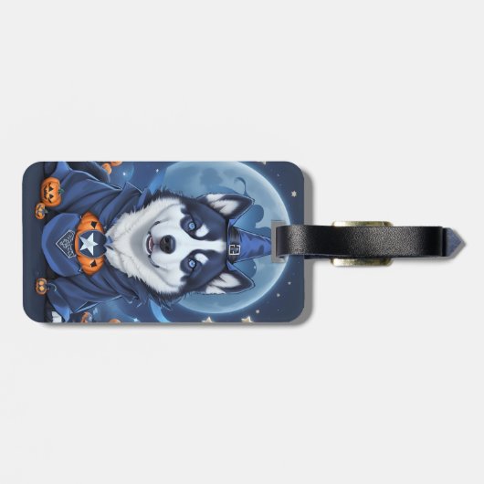 Betoverde Husky Hond: Magische Halloween Verrukkin Bagagelabel (Achterkant horizontaal)