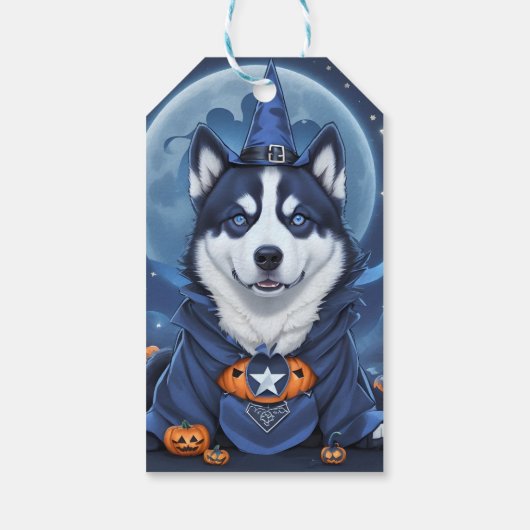 Betoverde Husky Hond: Magische Halloween Verrukkin Cadeaulabel (Achterkant)