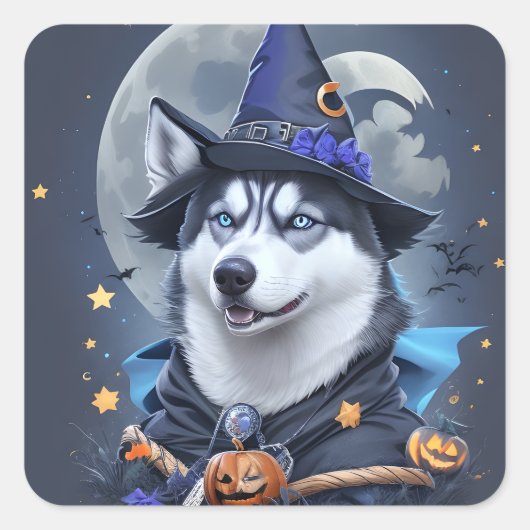 Betoverde Husky Hond: Magische Halloween Verrukkin Vierkante Sticker (Voorkant)
