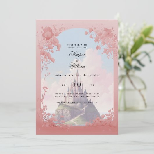 Betoverde kasteel sprookjesachtige bruiloft kaart (Staand voorkant)