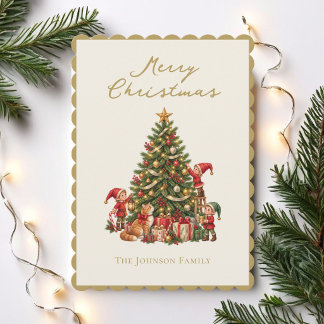 Betoverde Kerstboom met Kabouters en Kat Feestdagenkaart