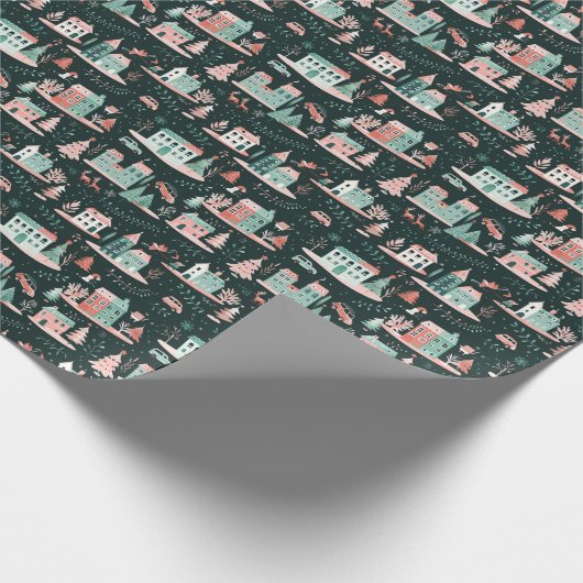 Betoverde kerstdorpsbijeenkomst cadeaupapier (Hoek)