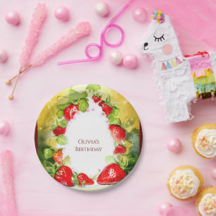 Betoverde Kleurrijke Vrolijke Aardbei Verjaardag Papieren Bordje