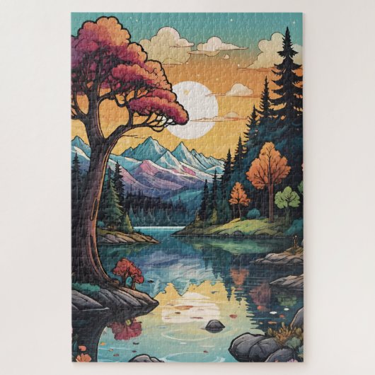 Betoverde Lakeside Serenity Sunset Landschap Legpuzzel (Verticaal)