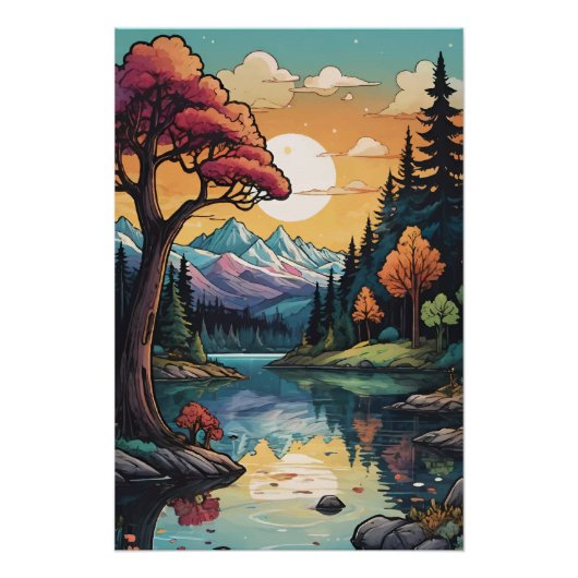 Betoverde Lakeside Serenity Sunset Landschap Perfect Poster (Voorkant)