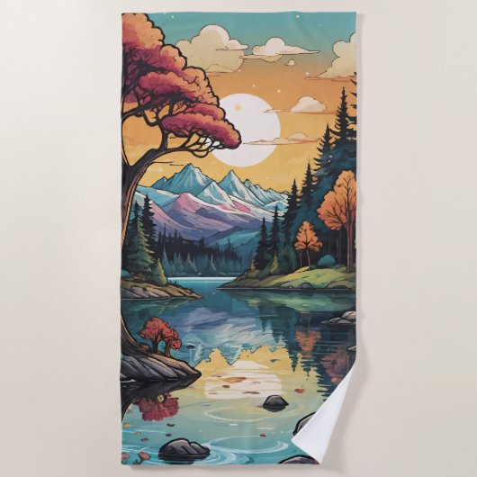 Betoverde Lakeside Serenity Sunset Landschap Strandlaken (Voorkant)