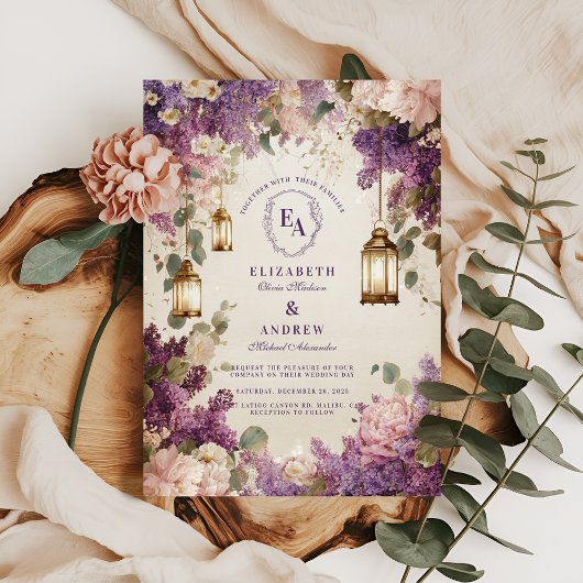 Betoverde Lantaarn Lila Bloemen Wedding Kaart