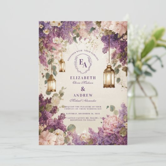 Betoverde Lantaarn Lila Bloemen Wedding Kaart (Staand voorkant)