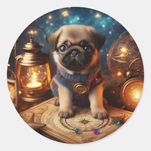Betoverde Lantaarn Pug Puppies Fantasy Sticker (Voorkant)