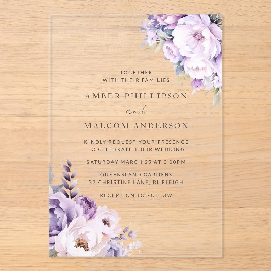 Betoverde Lavendel Haze Bloemen Huwelijk Acryl Uitnodigingen (Voorkant)