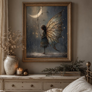 Betoverde Maanverlichte Bosfee Watercolor Kunst Poster