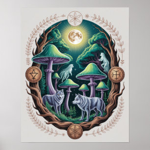 Betoverde Maanverlichte Wolven en Psychedelische P Poster