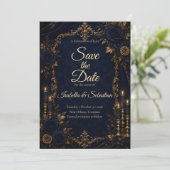 Betoverde Middernachtblauwe Herfstbruiloft Save The Date (Staand voorkant)