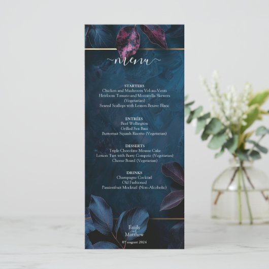 Betoverde Midnight Garden bruiloft Menu (Staand voorkant)