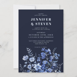 Betoverde Monochrome Navy Blue Wildflower bruiloft Kaart