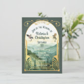 Betoverde Mountain Art Nouveau Dragon Bruiloft Kaart (Staand voorkant)