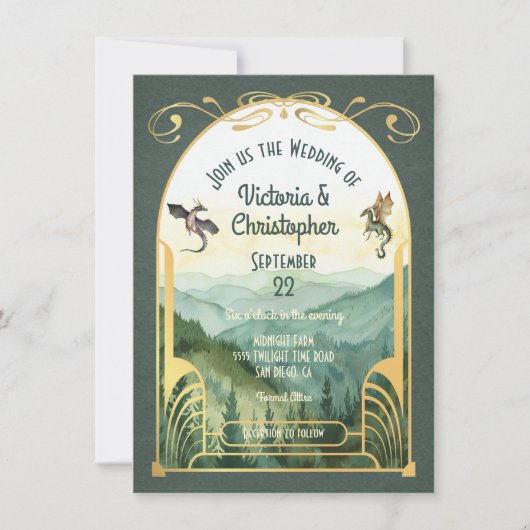 Betoverde Mountain Art Nouveau Dragon Bruiloft Kaart (Voorkant)