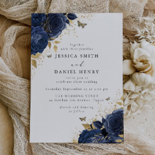 Betoverde Navy Blue Rozen & Gold Wedding Kaart
