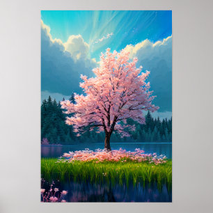 Betoverde oase, rustige Sakura boom Poster