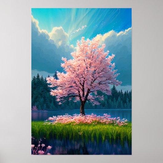 Betoverde oase, rustige Sakura boom Poster (Voorkant)