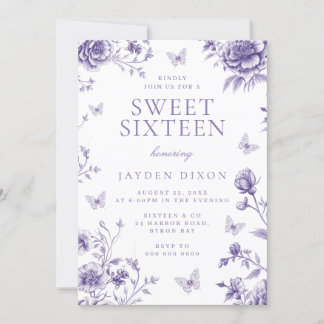 Betoverde  Paarse Bloemen Sweet 16 Party Kaart