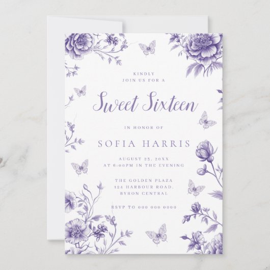 Betoverde Paarse Bloemen Sweet 16 Party Kaart (Voorkant)