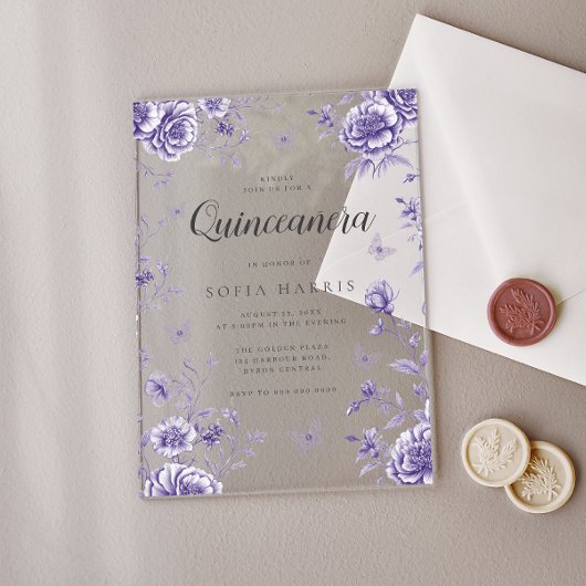 Betoverde Paarse Floral Quinceanera 15e verjaardag Acryl Uitnodigingen