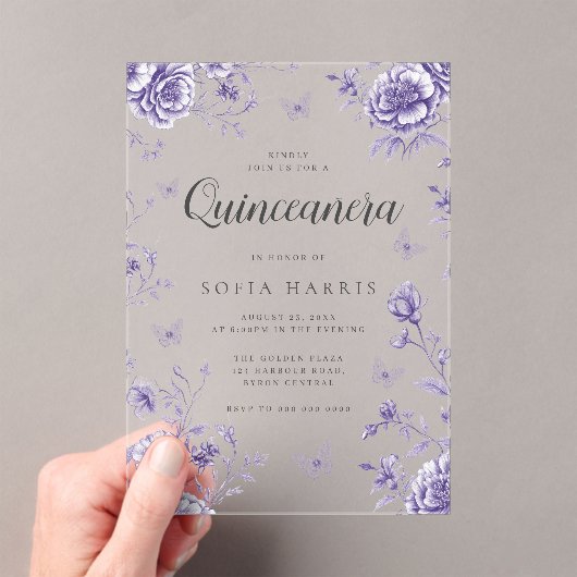 Betoverde Paarse Floral Quinceanera 15e verjaardag Acryl Uitnodigingen (Insitu (Draagbaar))