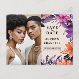 Betoverde Paarse + Oranje Bloemen Halloween bruilo Feestdagenkaart