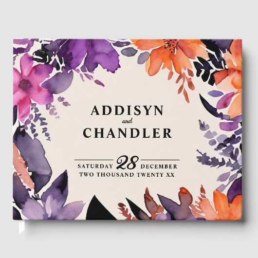 Betoverde Paarse + Oranje Bloemen Halloween bruilo Gastenboek (Voorkant)