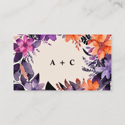 Betoverde Paarse + Oranje Bloemen Halloween bruilo Informatiekaartje (Achterkant)