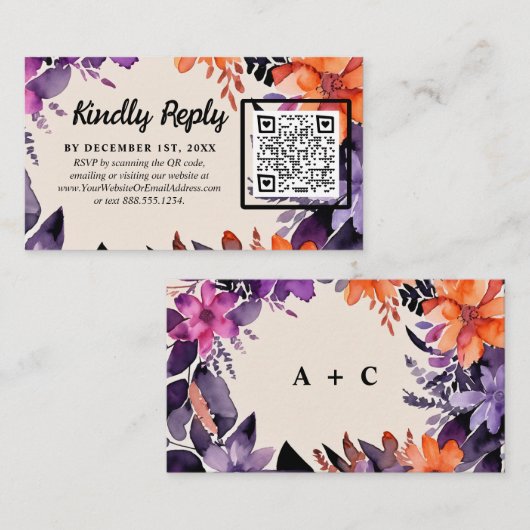 Betoverde Paarse + Oranje Bloemen Halloween bruilo Informatiekaartje (Voorkant / Achterkant)