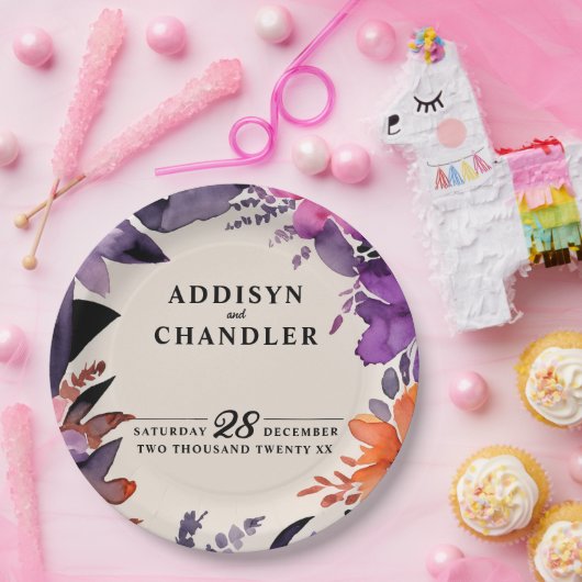 Betoverde Paarse + Oranje Bloemen Halloween bruilo Papieren Bordje (Feest)