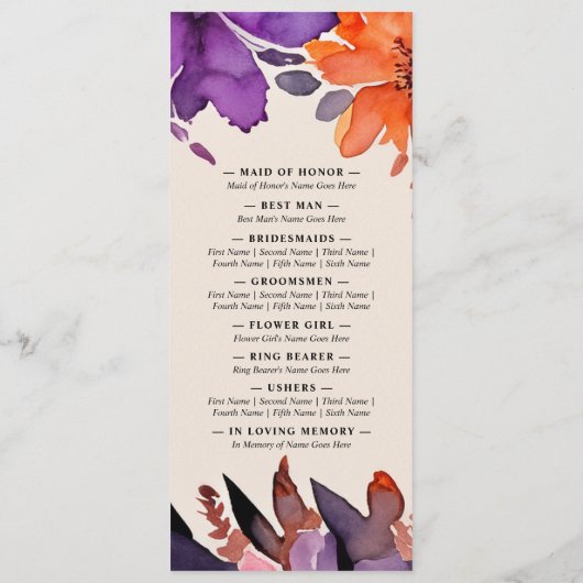 Betoverde Paarse + Oranje Bloemen Halloween bruilo Programmakaart (Achterkant)