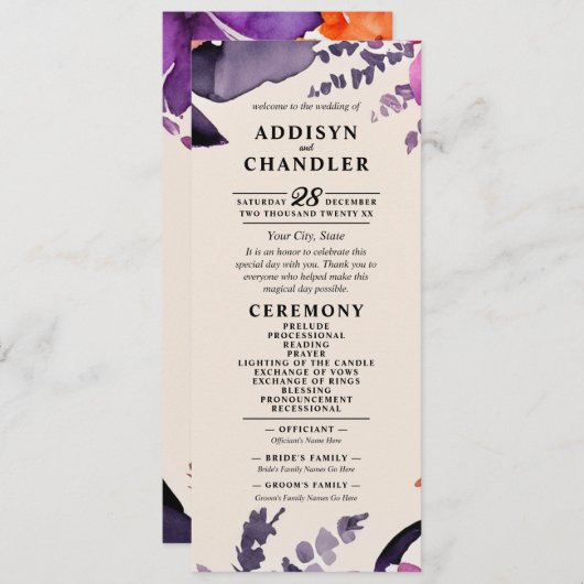 Betoverde Paarse + Oranje Bloemen Halloween bruilo Programmakaart (Voorkant / Achterkant)