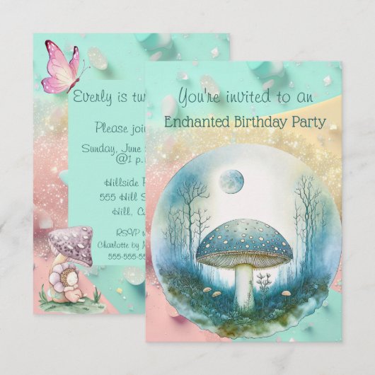 Betoverde paddestoel 3 jaar oud verjaardagsfeestje kaart (Voorkant / Achterkant)