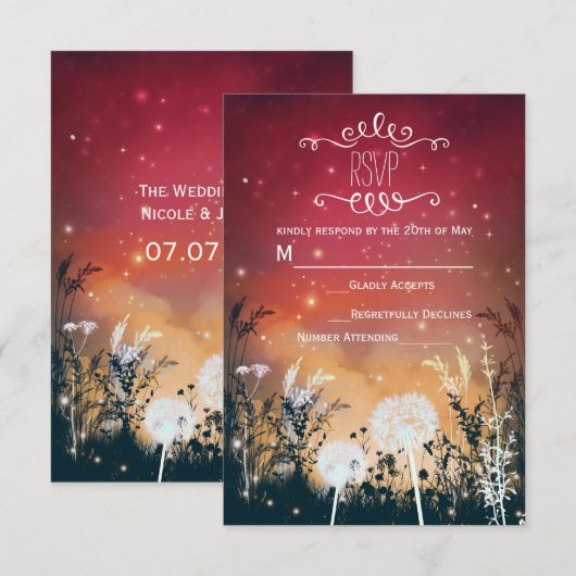 Betoverde Red Night Sky Stars & Foliage RSVP-kaart RSVP Kaartje (Voorkant / Achterkant)