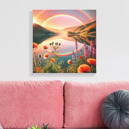 Betoverde reflectie: dubbele regenboog oase canvas afdruk (Insitu (Woonkamer))