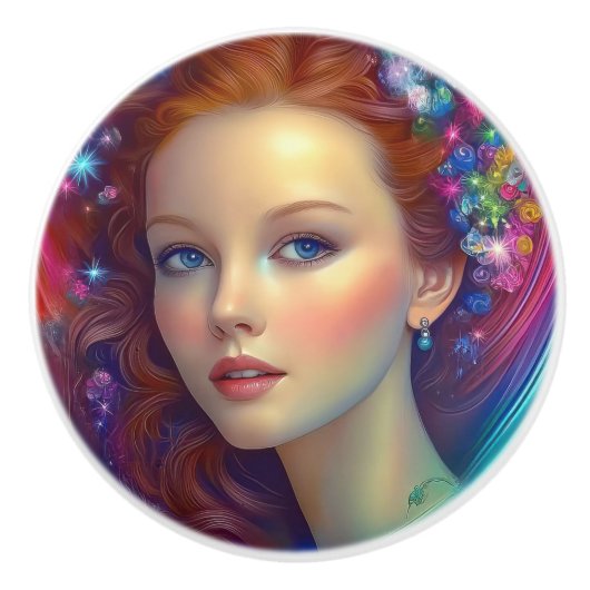 Betoverde regenboog haar portret keramische knop (Voorkant)