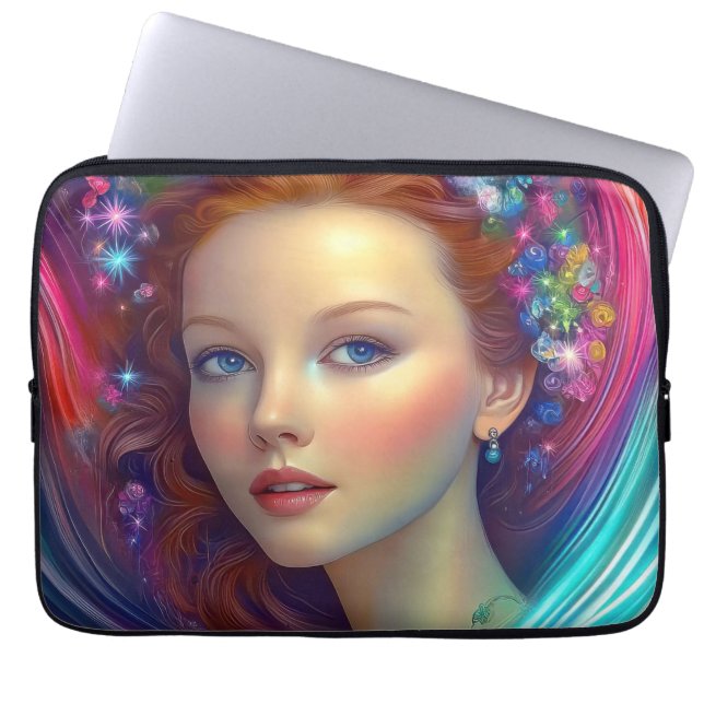 Betoverde regenboog haar portret laptop sleeve (Voorkant)