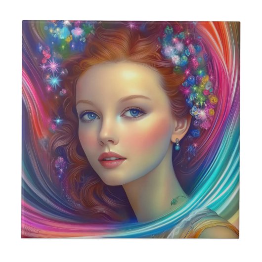 Betoverde regenboog haar portret tegeltje (Voorkant)