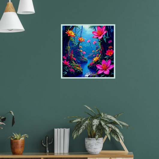 Betoverde rivierbloesemkunst in het bos poster (Woonkamer 1)