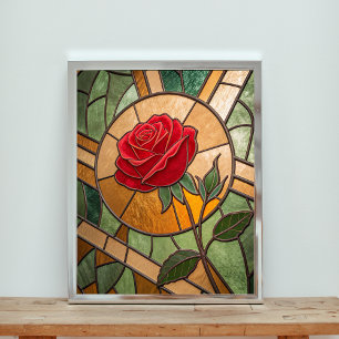 Betoverde Robijnrode Roos Glas-in-Lood Meesterwerk Poster