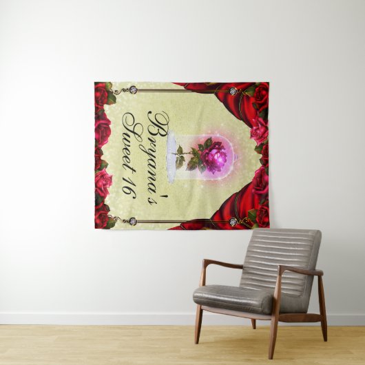 Betoverde Rode Roos Sweet 16 Sfeerfeest Achtergron Wandkleed (In Situ (horizontaal))