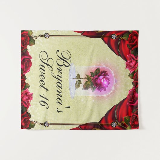 Betoverde Rode Roos Sweet 16 Sfeerfeest Achtergron Wandkleed (Voorkant (horizontaal))