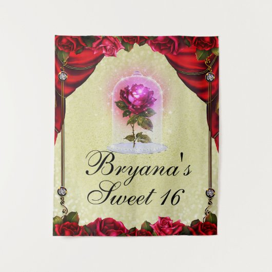 Betoverde Rode Roos Sweet 16 Sfeerfeest Achtergron Wandkleed (Voorkant)