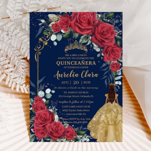 Betoverde Rode Rozen Bloemen Marine Blauw Quinceañ Kaart