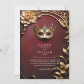 Betoverde rood en goud Masquerade Bruiloft Kaart (Voorkant)