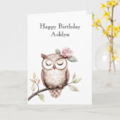 Betoverde Roze Bloem Uil Verjaardag Kaart (Gele Bloem)