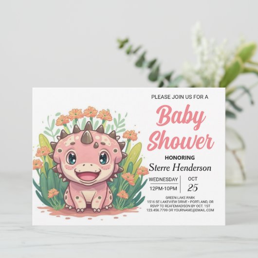 Betoverde Roze Dinosaurus Meisje Baby shower Kaart (Staand voorkant)